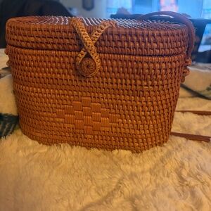 Bali rattan hand woven purse with leather strap